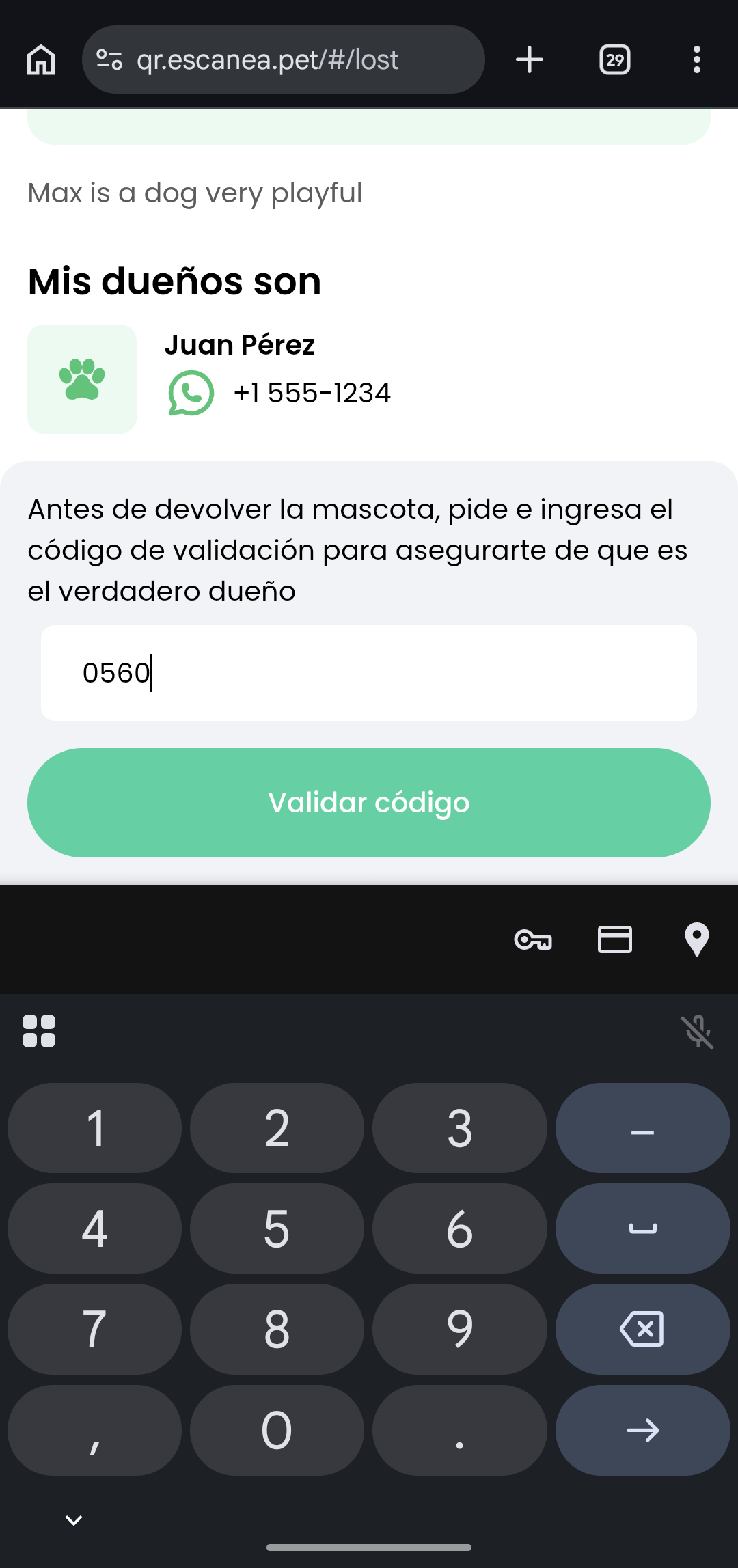 Código de verificación del dueño en el perfil de una mascota perdida
