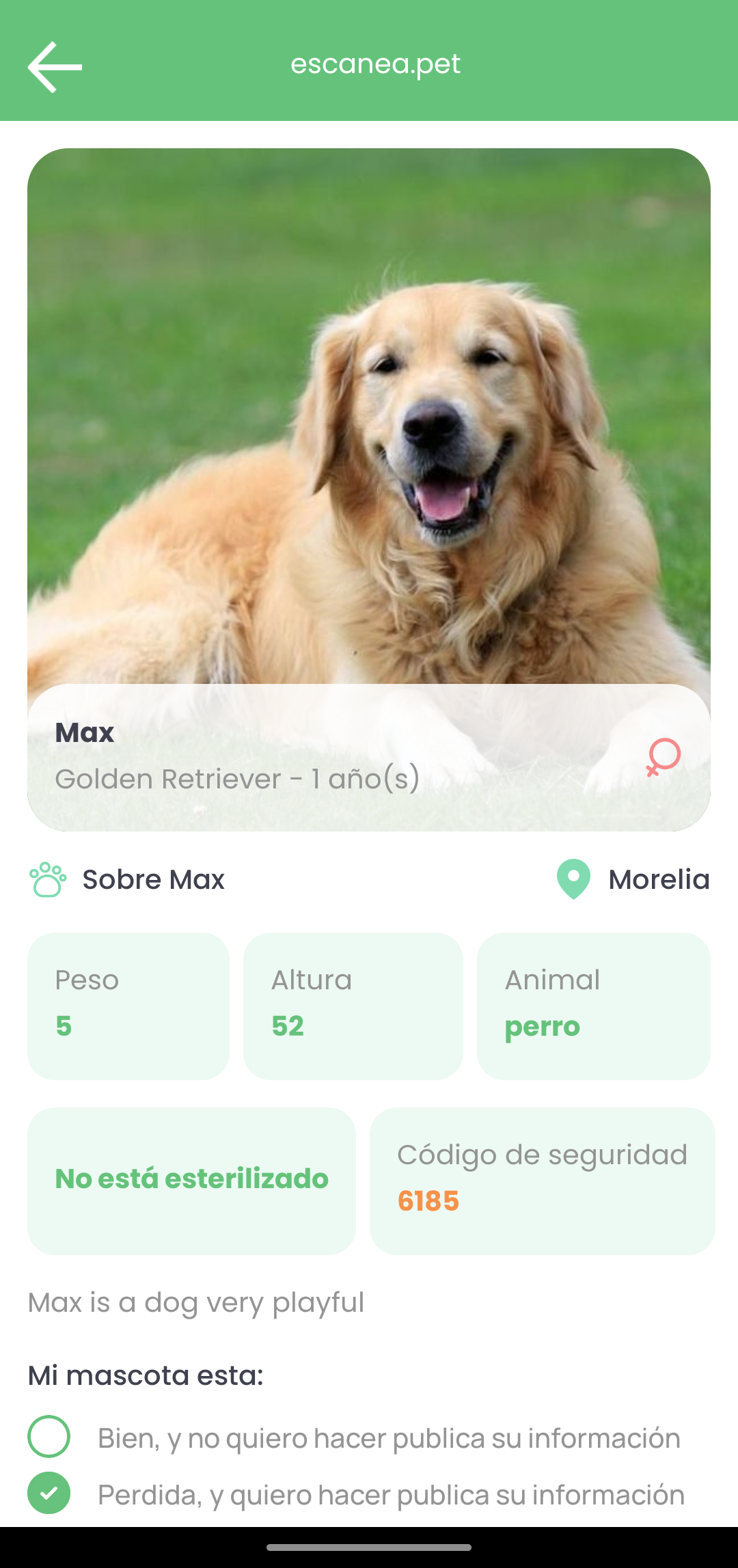 Perfil digital de una mascota en la app Escanea.pet